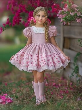 Dollcake Pink Floral Puff Sleeve Cotton Dress with Lace